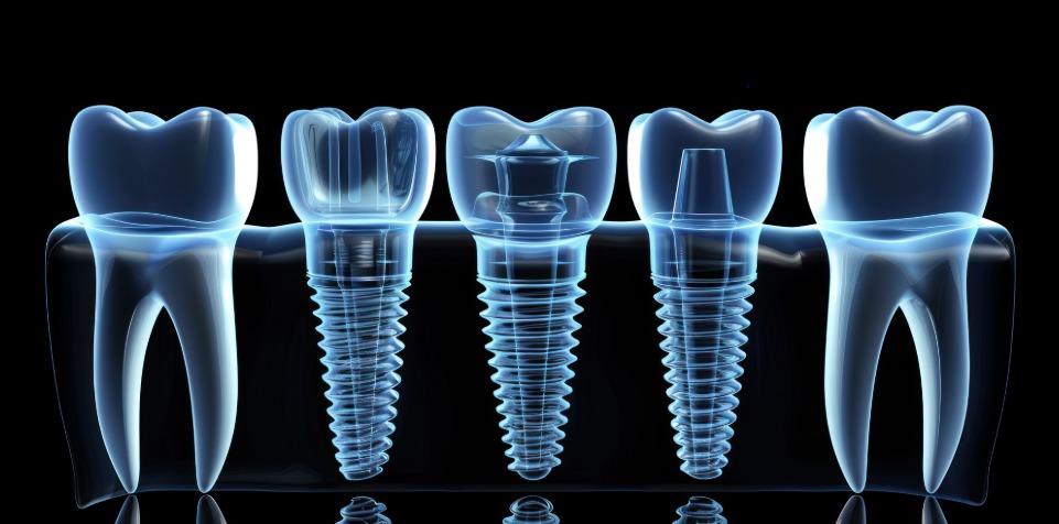Radiografía de implantes dentales junto a dientes naturales